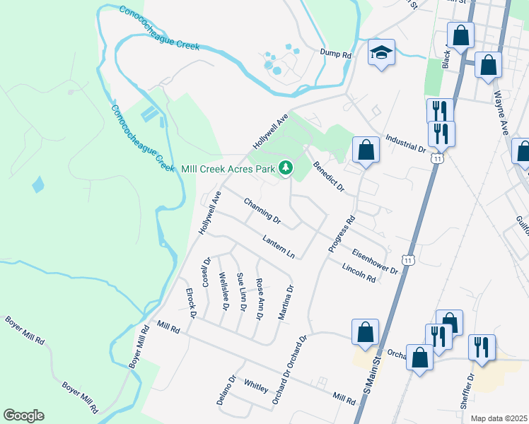 map of restaurants, bars, coffee shops, grocery stores, and more near 380 Channing Drive in Chambersburg