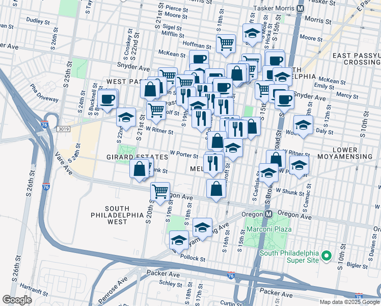 map of restaurants, bars, coffee shops, grocery stores, and more near 1817 West Porter Street in Philadelphia