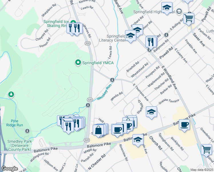 map of restaurants, bars, coffee shops, grocery stores, and more near 4 West Thompson Avenue in Springfield