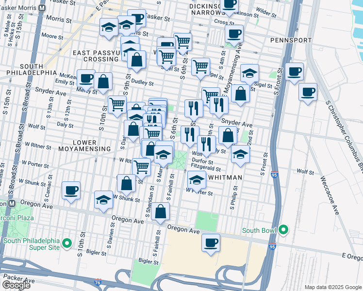 map of restaurants, bars, coffee shops, grocery stores, and more near 2230 South Reese Street in Philadelphia
