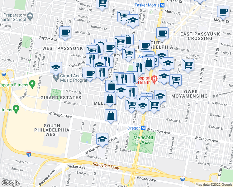 map of restaurants, bars, coffee shops, grocery stores, and more near 2431 South Chadwick Street in Philadelphia