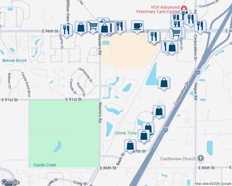 map of restaurants, bars, coffee shops, grocery stores, and more near 7107 Sea Pine Drive in Indianapolis