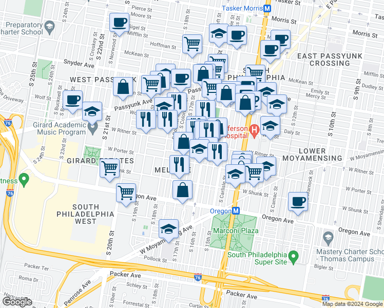 map of restaurants, bars, coffee shops, grocery stores, and more near 2431 South Chadwick Street in Philadelphia