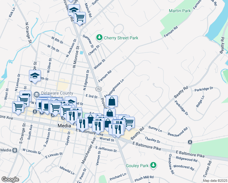 map of restaurants, bars, coffee shops, grocery stores, and more near 351 Meetinghouse Lane in Media
