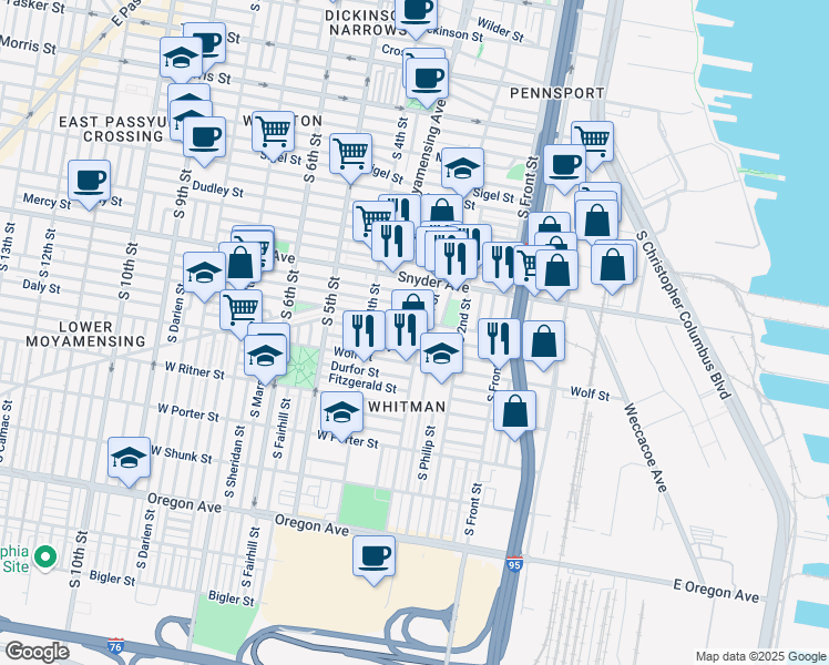 map of restaurants, bars, coffee shops, grocery stores, and more near 309 Tree Street in Philadelphia