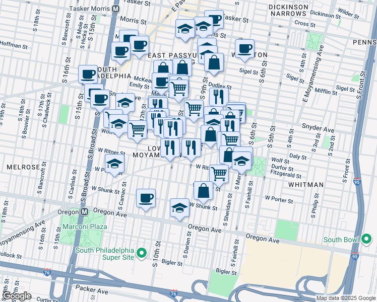 map of restaurants, bars, coffee shops, grocery stores, and more near 2315 South Percy Street in Philadelphia