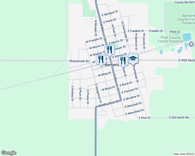 map of restaurants, bars, coffee shops, grocery stores, and more near 148 South Sangamon Street in Bement