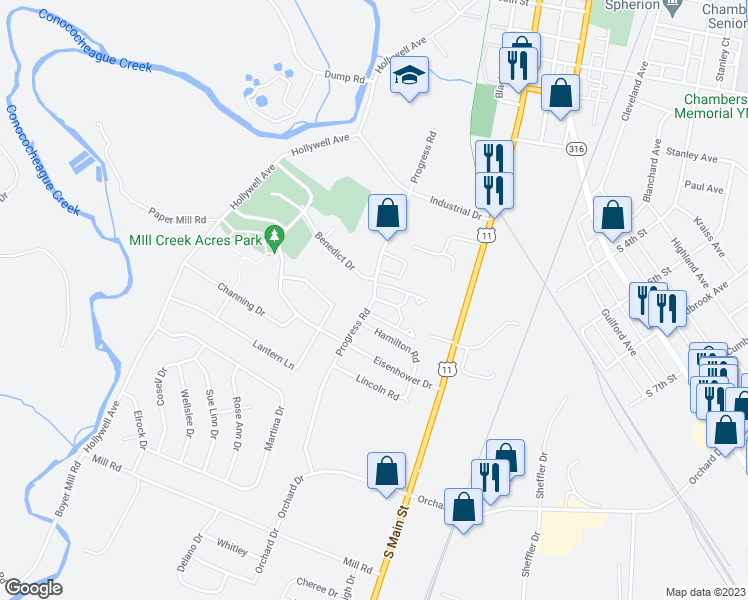 map of restaurants, bars, coffee shops, grocery stores, and more near 1045 Progress Road in Chambersburg