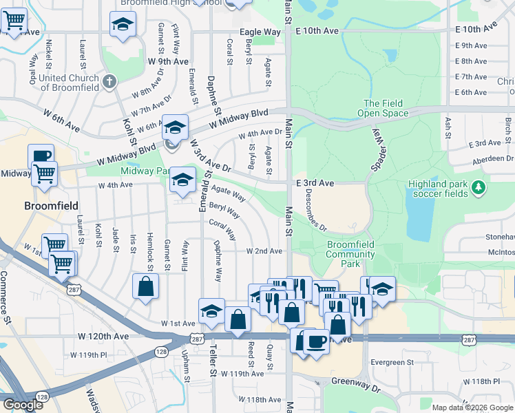 map of restaurants, bars, coffee shops, grocery stores, and more near 295 Main Street in Broomfield