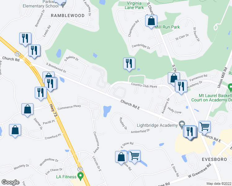 map of restaurants, bars, coffee shops, grocery stores, and more near 903 Cypress Point Circle in Mount Laurel Township
