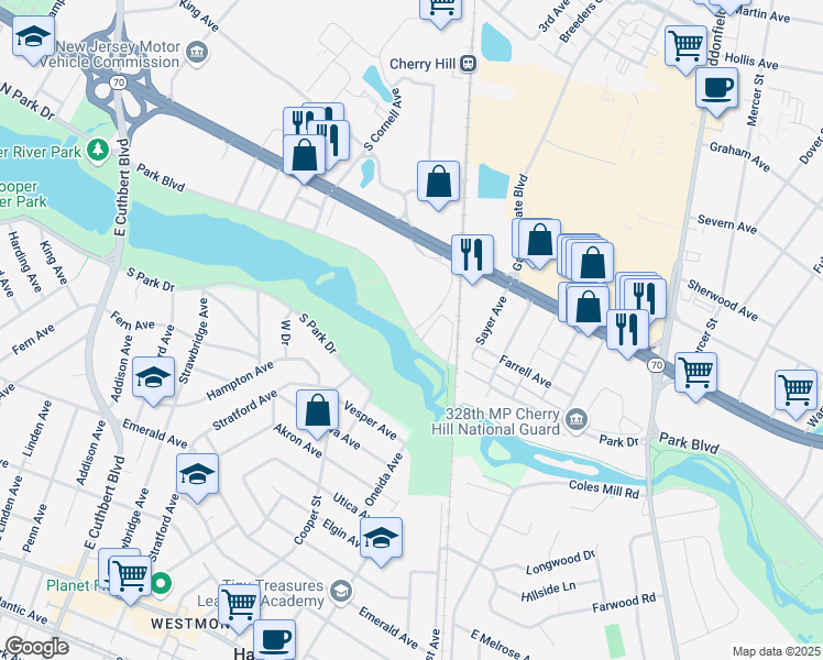 map of restaurants, bars, coffee shops, grocery stores, and more near 966 Park Boulevard in Cherry Hill