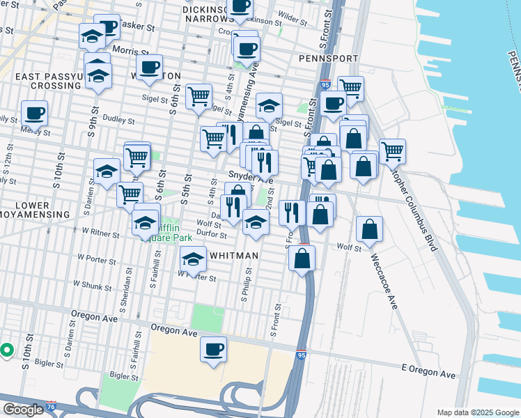 map of restaurants, bars, coffee shops, grocery stores, and more near 2133 South 2nd Street in Philadelphia