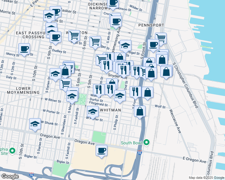 map of restaurants, bars, coffee shops, grocery stores, and more near 309 Tree Street in Philadelphia