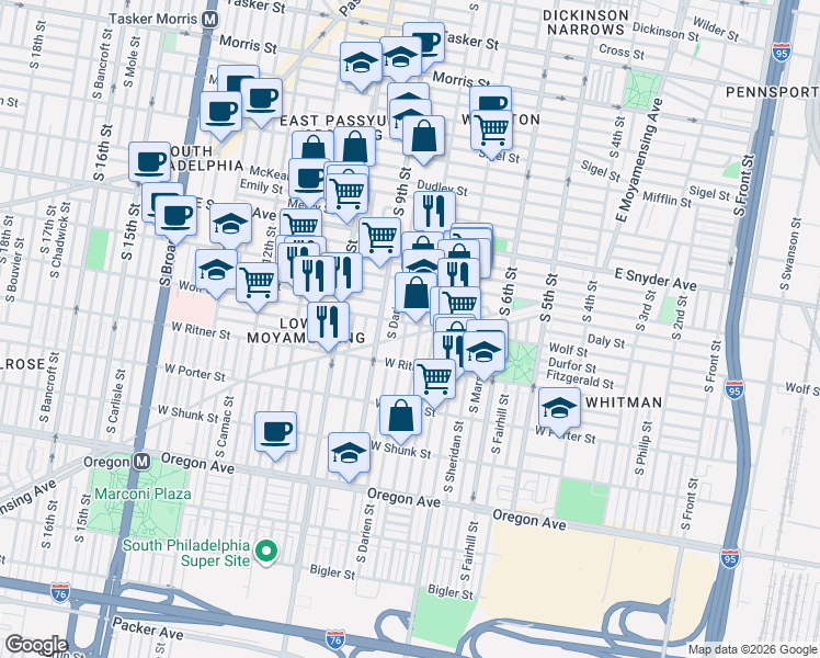 map of restaurants, bars, coffee shops, grocery stores, and more near 2230 South 8th Street in Philadelphia