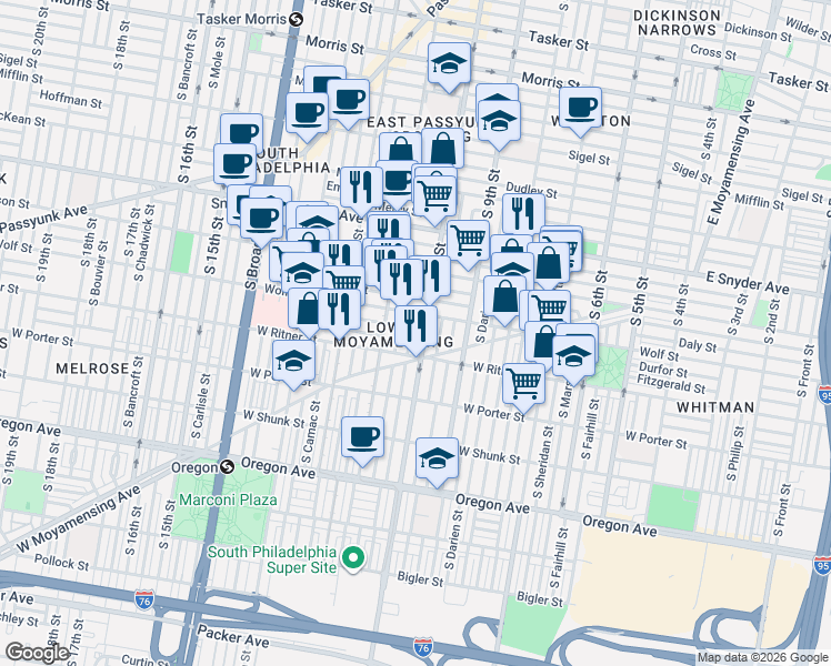 map of restaurants, bars, coffee shops, grocery stores, and more near in Philadelphia