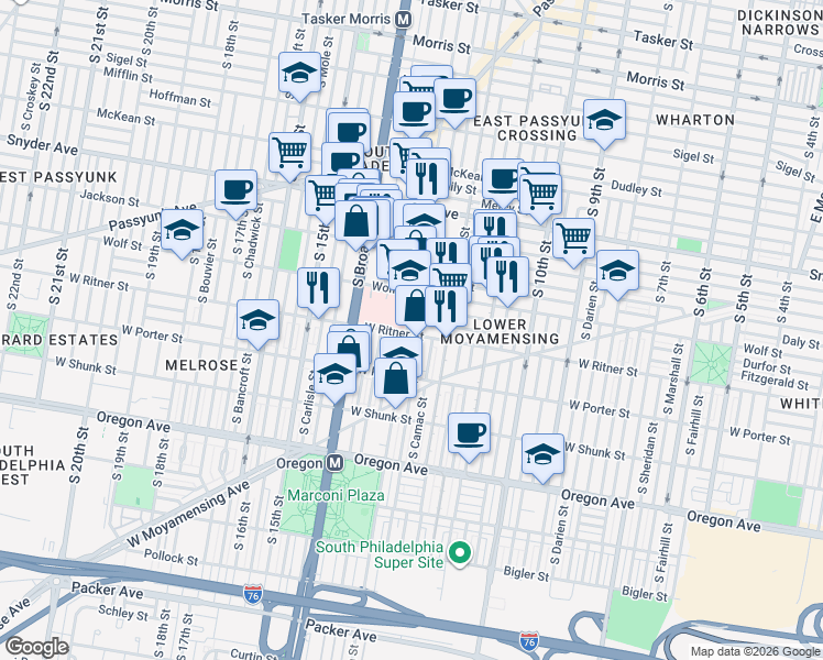 map of restaurants, bars, coffee shops, grocery stores, and more near 2319 South 13th Street in Philadelphia