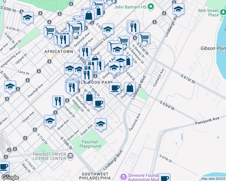 map of restaurants, bars, coffee shops, grocery stores, and more near 6431 Garman Street in Philadelphia