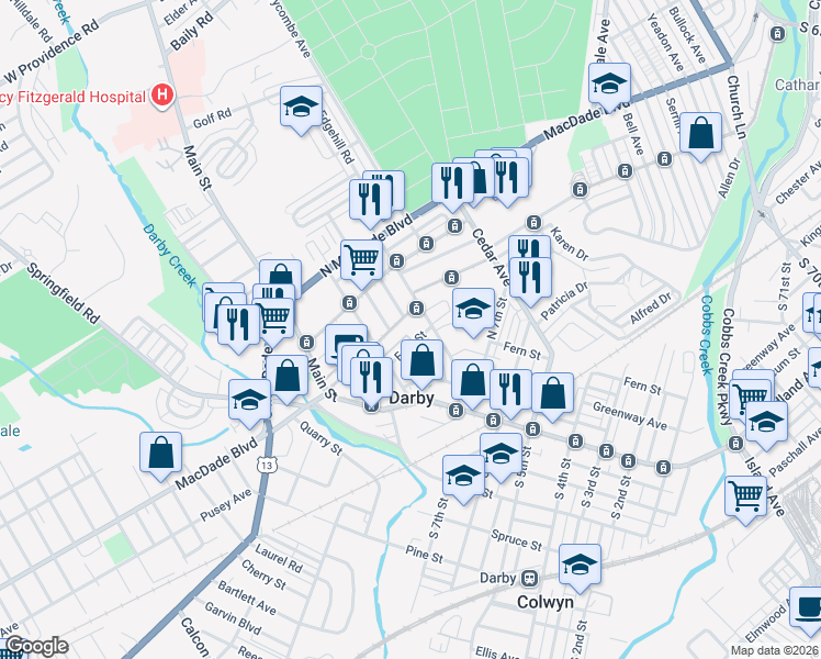 map of restaurants, bars, coffee shops, grocery stores, and more near 135 North 9th Street in Darby