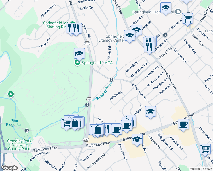 map of restaurants, bars, coffee shops, grocery stores, and more near 4 West Thompson Avenue in Springfield