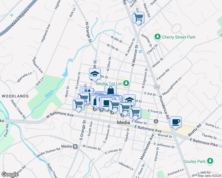 map of restaurants, bars, coffee shops, grocery stores, and more near 31 West 3rd Street in Media