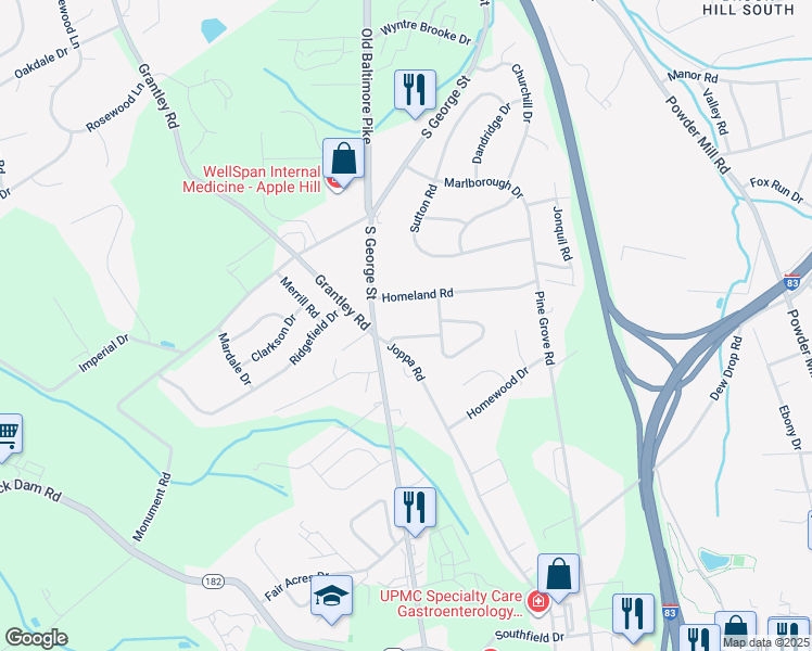 map of restaurants, bars, coffee shops, grocery stores, and more near 38 Homeland Road in York