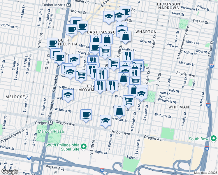 map of restaurants, bars, coffee shops, grocery stores, and more near 2314 South Percy Street in Philadelphia