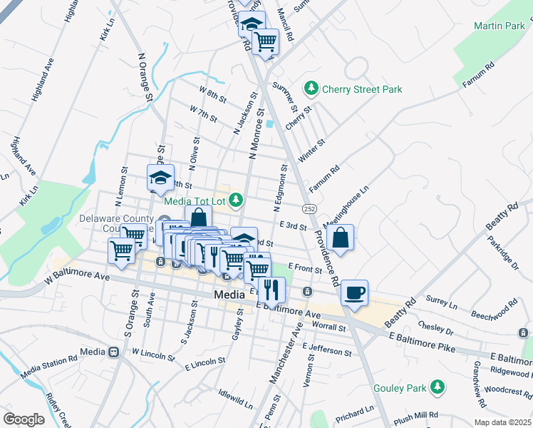 map of restaurants, bars, coffee shops, grocery stores, and more near 401 East Front Street in Media