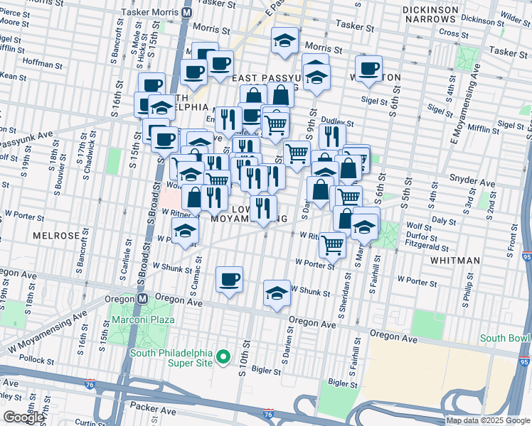 map of restaurants, bars, coffee shops, grocery stores, and more near 2320 South 10th Street in Philadelphia
