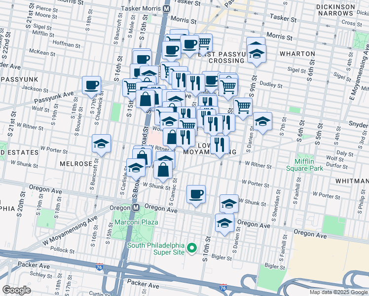 map of restaurants, bars, coffee shops, grocery stores, and more near 2313 South 12th Street in Philadelphia