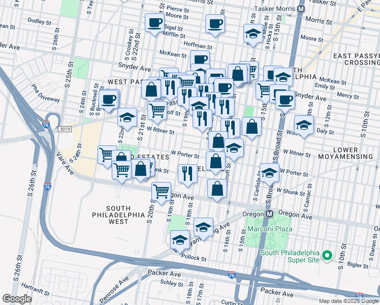 map of restaurants, bars, coffee shops, grocery stores, and more near 1817 West Porter Street in Philadelphia