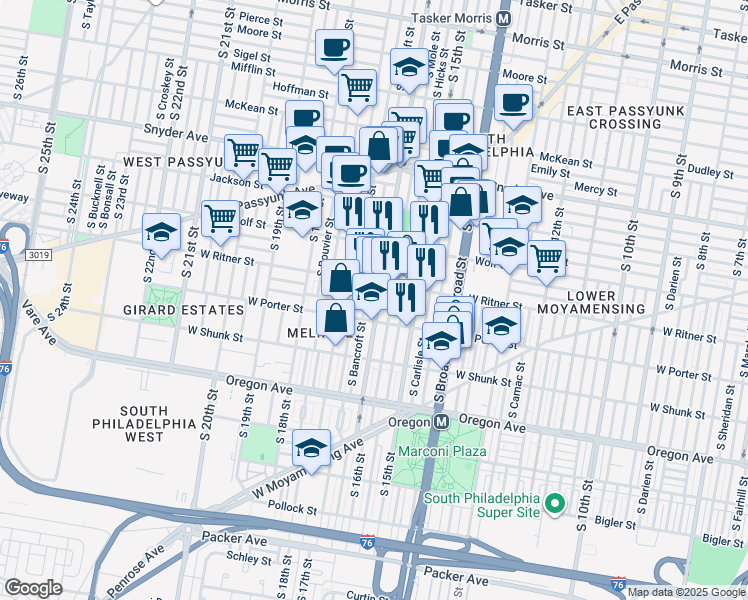 map of restaurants, bars, coffee shops, grocery stores, and more near 2422 South 16th Street in Philadelphia