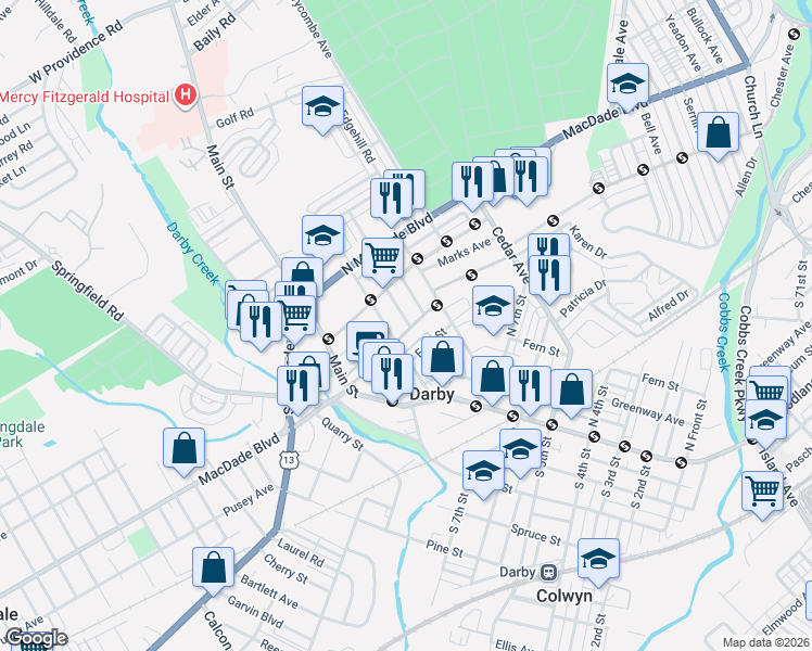 map of restaurants, bars, coffee shops, grocery stores, and more near 135 North 9th Street in Darby