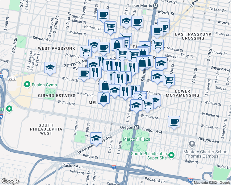 map of restaurants, bars, coffee shops, grocery stores, and more near 2422 South 16th Street in Philadelphia