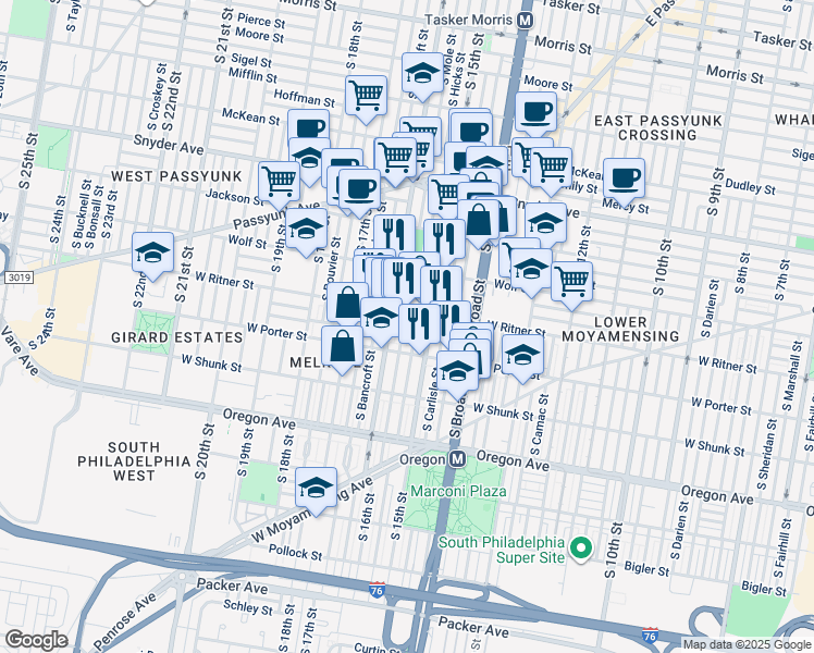 map of restaurants, bars, coffee shops, grocery stores, and more near 2417 South Mole Street in Philadelphia