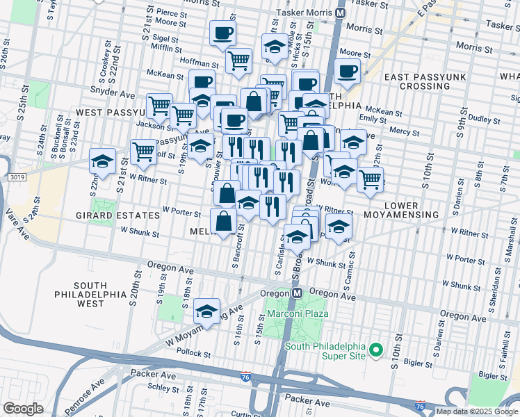 map of restaurants, bars, coffee shops, grocery stores, and more near 2418 South Mole Street in Philadelphia