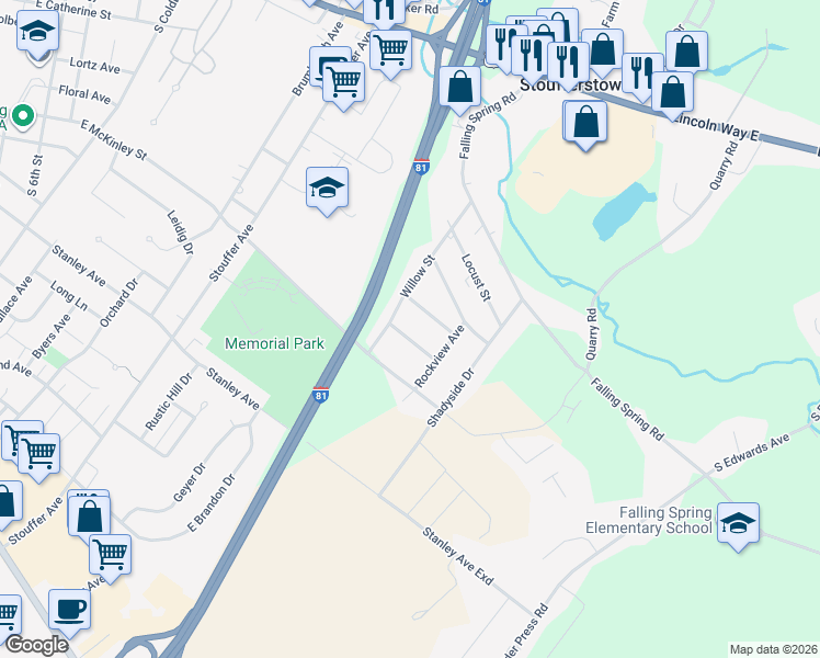 map of restaurants, bars, coffee shops, grocery stores, and more near 1216 Paul Mar Drive in Chambersburg