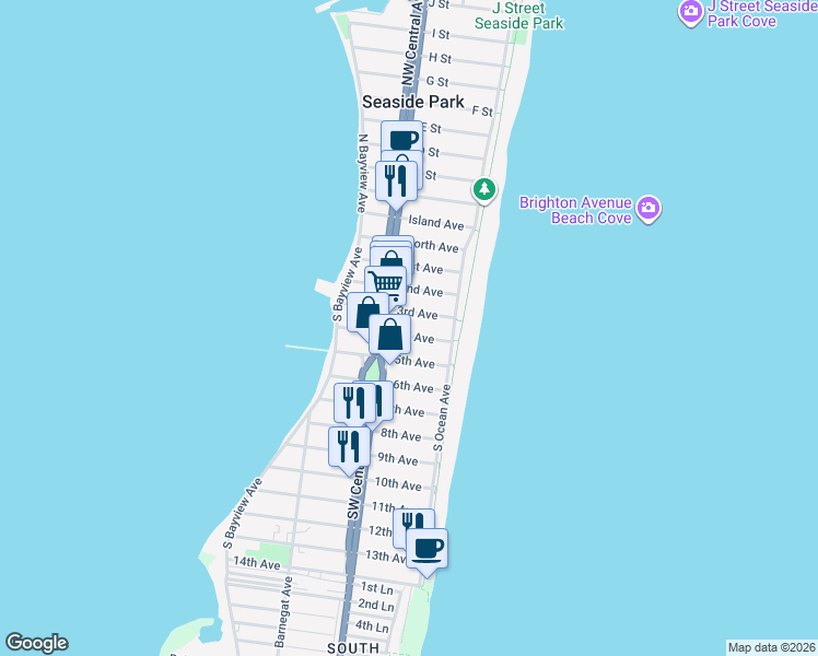 map of restaurants, bars, coffee shops, grocery stores, and more near 31 3rd Avenue in Seaside Park