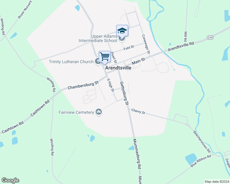 map of restaurants, bars, coffee shops, grocery stores, and more near 54 South High Street in Biglerville