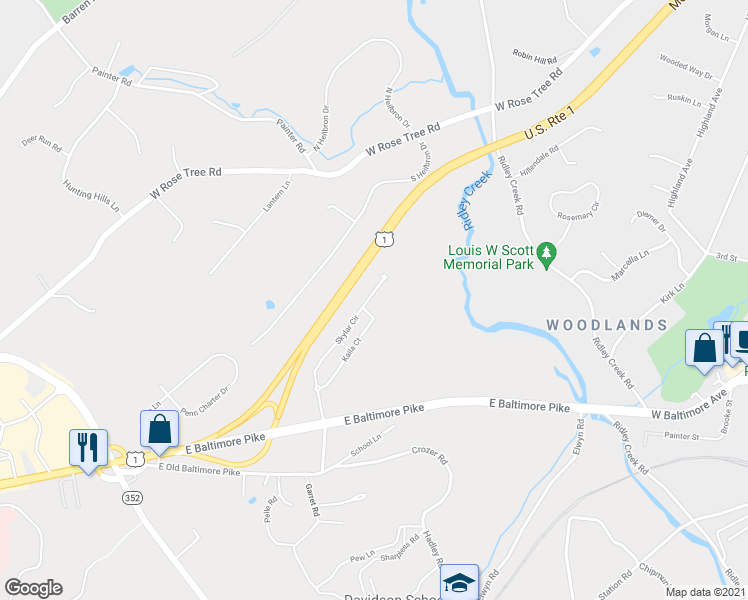 map of restaurants, bars, coffee shops, grocery stores, and more near 46 Skylar Circle in Media