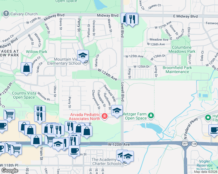 map of restaurants, bars, coffee shops, grocery stores, and more near 12241 West 122nd Avenue in Broomfield