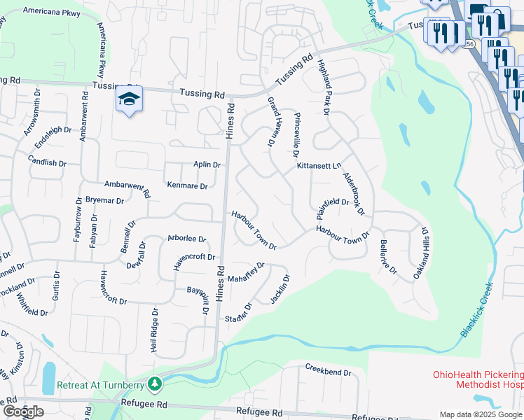 map of restaurants, bars, coffee shops, grocery stores, and more near 3134 Olympic Club Drive in Pickerington