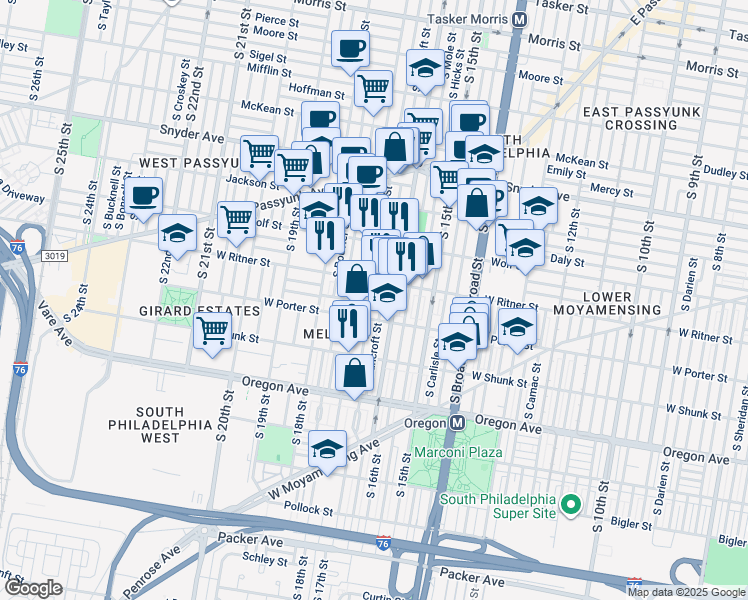 map of restaurants, bars, coffee shops, grocery stores, and more near 2427 South Chadwick Street in Philadelphia