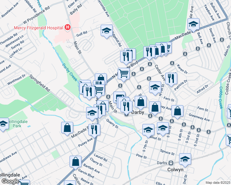 map of restaurants, bars, coffee shops, grocery stores, and more near 33 North 10th Street in Darby