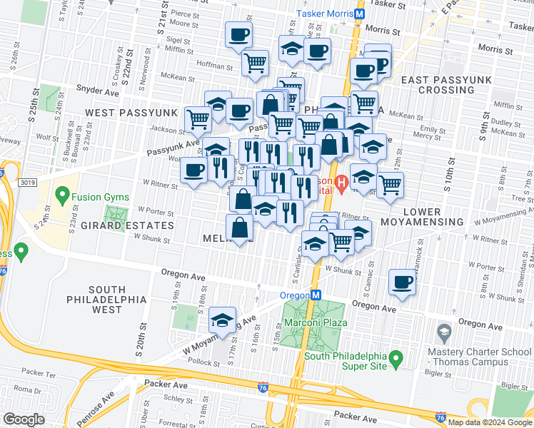 map of restaurants, bars, coffee shops, grocery stores, and more near 2420 South 16th Street in Philadelphia