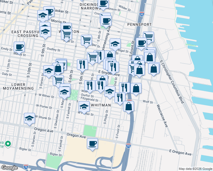 map of restaurants, bars, coffee shops, grocery stores, and more near 2205 South 3rd Street in Philadelphia