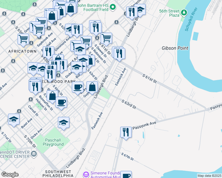 map of restaurants, bars, coffee shops, grocery stores, and more near 6245 Eastwick Avenue in Philadelphia