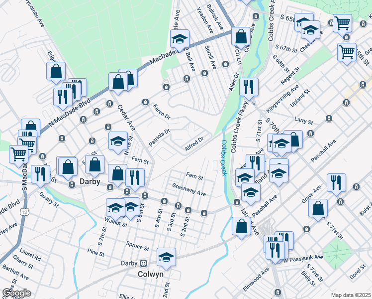 map of restaurants, bars, coffee shops, grocery stores, and more near Alfred Drive in Yeadon