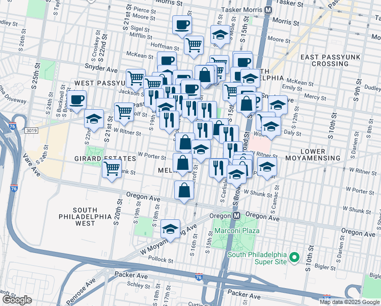 map of restaurants, bars, coffee shops, grocery stores, and more near 2409 South 17th Street in Philadelphia