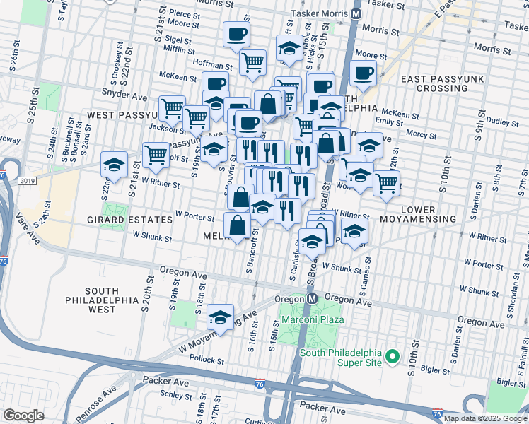 map of restaurants, bars, coffee shops, grocery stores, and more near 2420 South 16th Street in Philadelphia