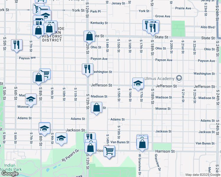 map of restaurants, bars, coffee shops, grocery stores, and more near 844 South 14th Street in Quincy